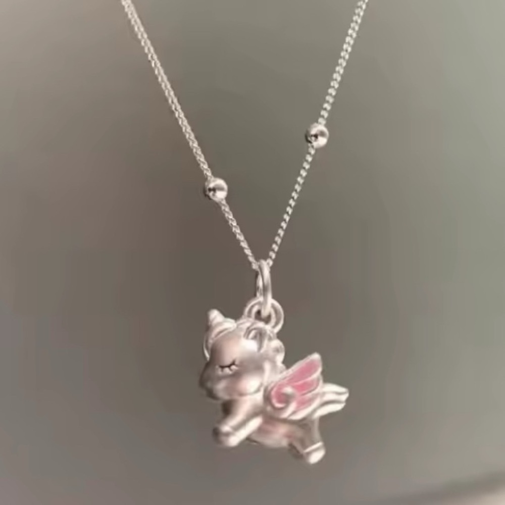 18K White Gold Baby Unicorn Pegasus Pendant Necklace Bohemian Fantasy Kawaii